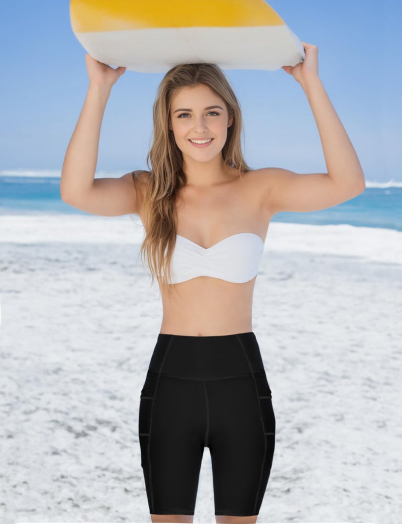Buauty Women's Swim Shorts High-Waisted Board Shorts with Pockets UPF50+ Quick Dry Beach Shorts Black M - Image 3