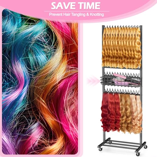 KANEODOT 2-Sided Braiding Hair Rack with Wheels, Standing Hair Extension Holder with Salon Tray, Braiding Rack Stand for Hair, 286 Pegs Hair Racks for Braiders Standing, Hair Stand for Braiding Hair - Image 2