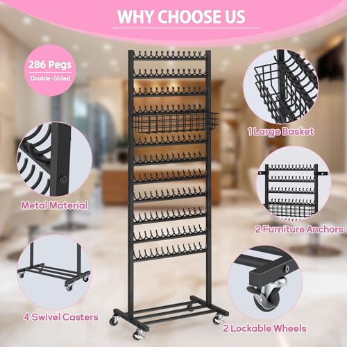 KANEODOT 2-Sided Braiding Hair Rack with Wheels, Standing Hair Extension Holder with Salon Tray, Braiding Rack Stand for Hair, 286 Pegs Hair Racks for Braiders Standing, Hair Stand for Braiding Hair - Image 3