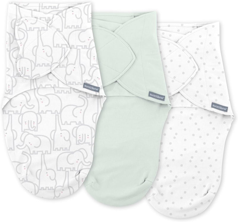 SwaddleMe بطانية لف الطفل من مجموعة إنجينيتي مونوغرام، 100% قطن، تحسن النوم وتساعد على تهدئة ردود الفعل المفاجئة، 0-3 أشهر، تصميم جيب لسهولة التغيير، 1.0 توغ، عبوة من 3 - رقصة الفيل - Image 1