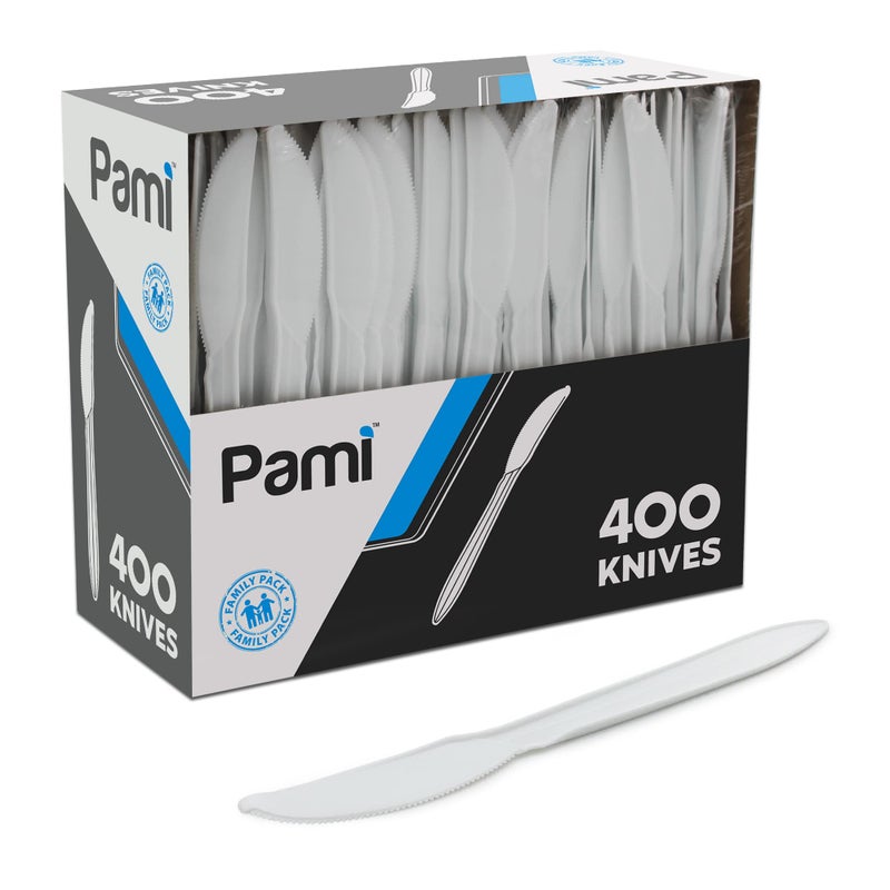 PAMI PAMI Medium-Weight Disposable Plastic Knives [400-Pack] - Bulk White Plastic Silverware For Parties  Weddings  Catering Food Stands  Takeaway Orders & More- Sturdy Single-Use Partyware Knives  - Image 1