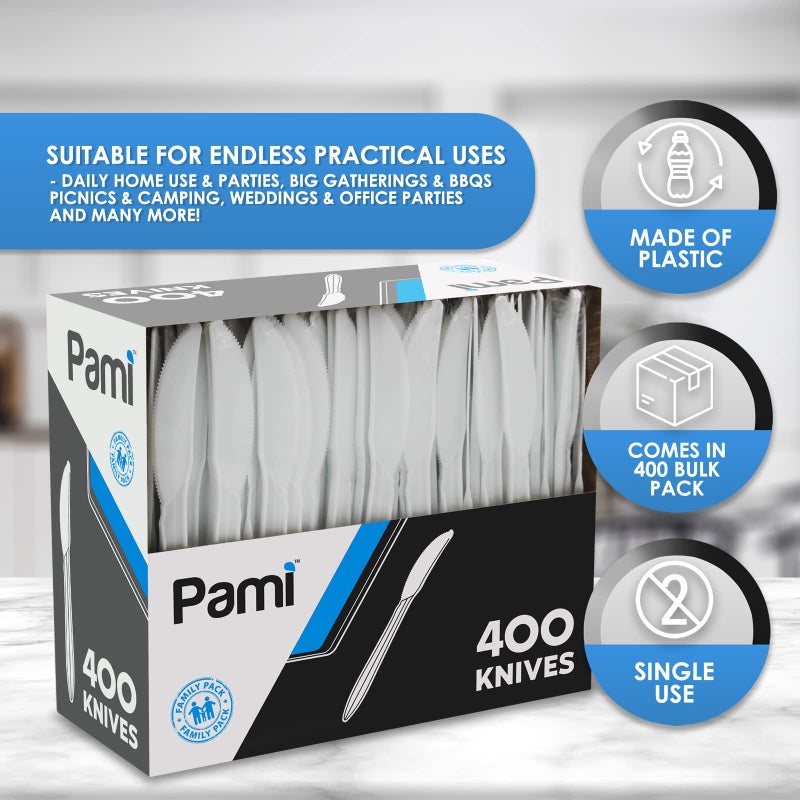 PAMI PAMI Medium-Weight Disposable Plastic Knives [400-Pack] - Bulk White Plastic Silverware For Parties  Weddings  Catering Food Stands  Takeaway Orders & More- Sturdy Single-Use Partyware Knives  - Image 5