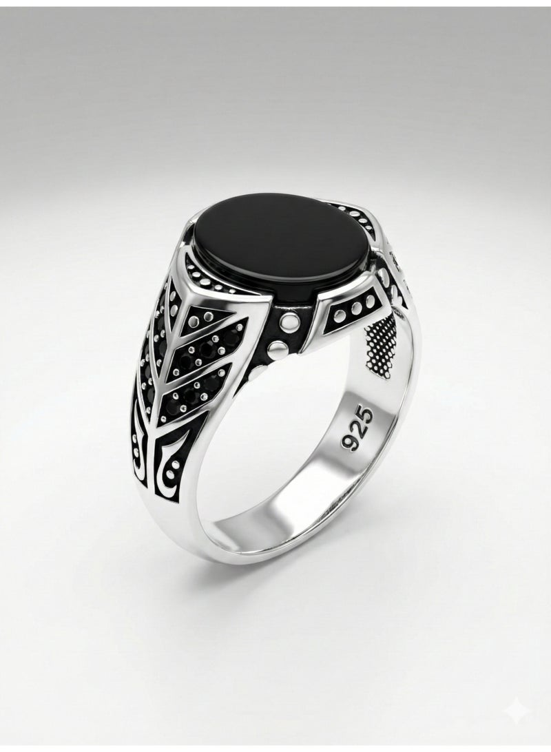 Fine Silver 925 Sterling Silver Men's Ring with Flat Oval Black Stone and Intricate Side Detailing - Image 1