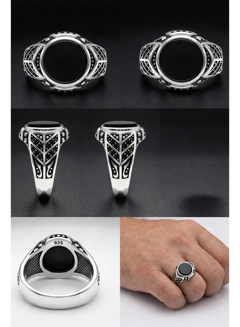 Fine Silver 925 Sterling Silver Men's Ring with Flat Oval Black Stone and Intricate Side Detailing - Image 2