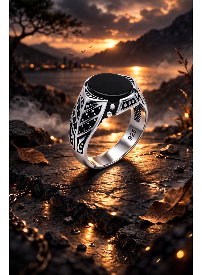 Fine Silver 925 Sterling Silver Men's Ring with Flat Oval Black Stone and Intricate Side Detailing - Image 3