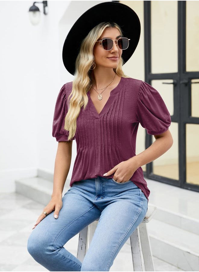 Lomon - Short Sleeve Shirts for Women 2025 Summer Trendy V Neck Tunic Tops Casual Loose Flowy Tee T-Shirt(Fuchsia,XL) - Image 1