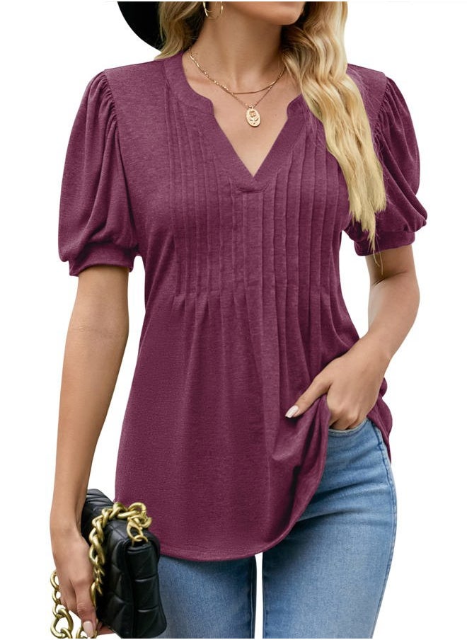 Lomon - Short Sleeve Shirts for Women 2025 Summer Trendy V Neck Tunic Tops Casual Loose Flowy Tee T-Shirt(Fuchsia,XL) - Image 1