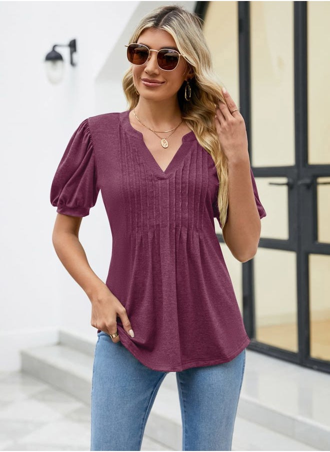Lomon - Short Sleeve Shirts for Women 2025 Summer Trendy V Neck Tunic Tops Casual Loose Flowy Tee T-Shirt(Fuchsia,XL) - Image 1