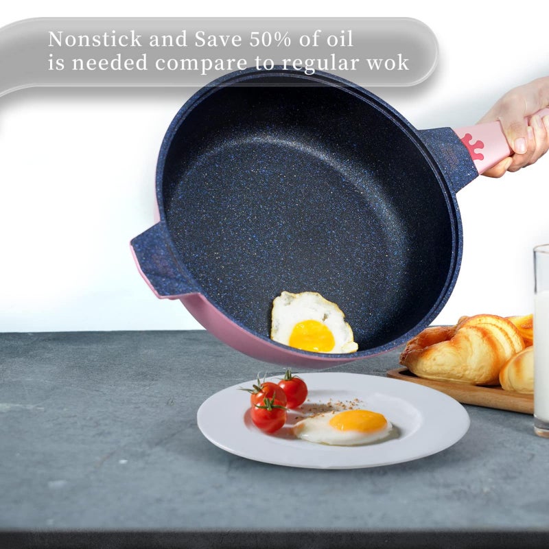 TIBORANG 8 in 1 Multipurpose 11 Inch 5 Quart Heat Indicator Nonstick Deep Frying Pan with Glass Lid, Stay-cool Handle, Steamed Grid, PFOA-Free,Dishwasher and Oven Safe,Works with All Stovetops (Pink) - Image 4