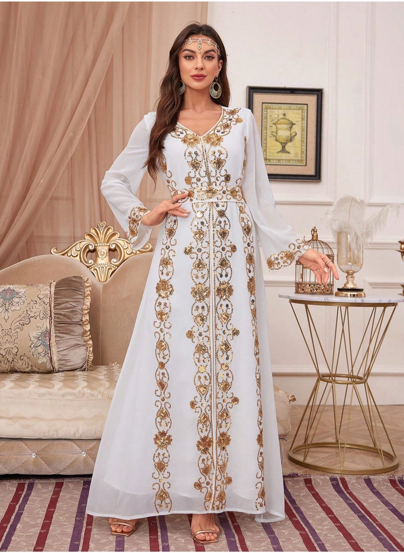 Embroidery V Neck arabic tunic maxi dress ankle long Abaya dress for woman - pzsku/Z44450726BFB331E333BBZ/45/_/1741052016/635edfc5-9305-42c1-902c-21ed800c7f2d