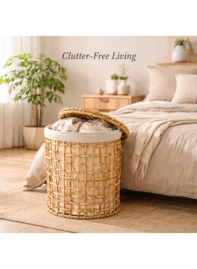 Homesmiths Natural Water Hyacinth Laundry Hamper, Large Round 42 cm Dia x 50 cm H Handwoven Clothes Basket with Lid, Breathable Eco‑Friendly Fabric Storage for Towels, Linen & Laundry - Image 4