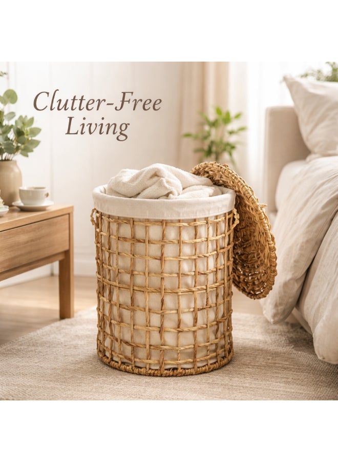 Homesmiths Natural Water Hyacinth Laundry Hamper, Large Round 42 cm Dia x 50 cm H Handwoven Clothes Basket with Lid, Breathable Eco‑Friendly Fabric Storage for Towels, Linen & Laundry - Image 5