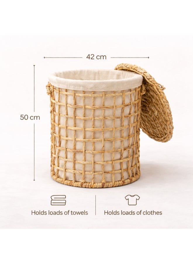 Homesmiths Natural Water Hyacinth Laundry Hamper, Large Round 42 cm Dia x 50 cm H Handwoven Clothes Basket with Lid, Breathable Eco‑Friendly Fabric Storage for Towels, Linen & Laundry - Image 2