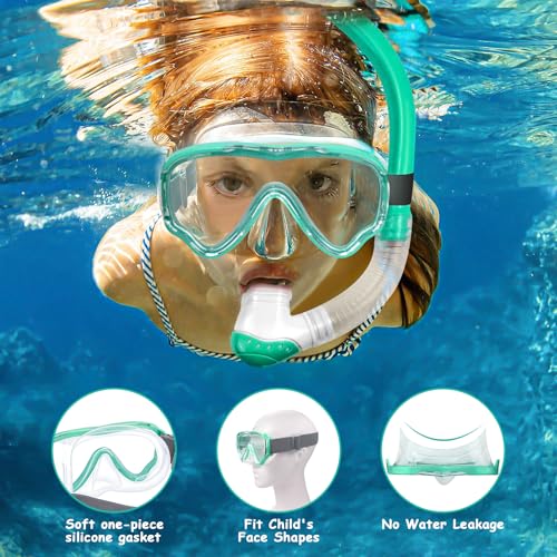 Vvinca Snorkeling Gear for Kids Dry Top Kids Snorkel Set for Boys Girls Junior Youth Children Age 4-14 Swim Goggles with Nose Cover Anti-Fog Panoramic View Adjustable Elastic Diving Mask and Snorkel - Image 3