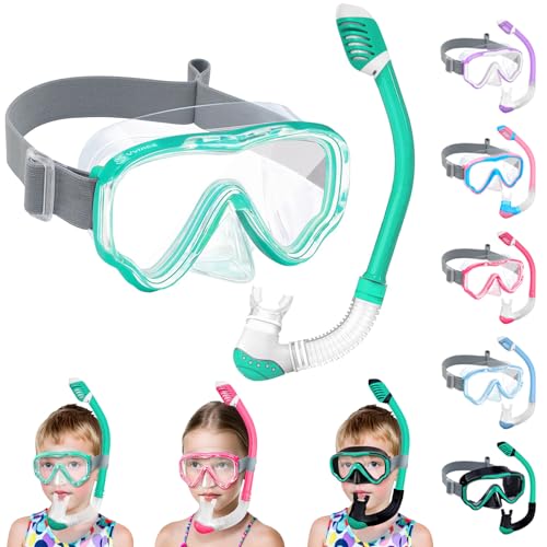 Vvinca Snorkeling Gear for Kids Dry Top Kids Snorkel Set for Boys Girls Junior Youth Children Age 4-14 Swim Goggles with Nose Cover Anti-Fog Panoramic View Adjustable Elastic Diving Mask and Snorkel - Image 1
