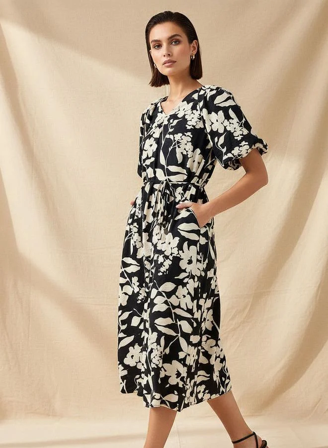 Splash FAV Midi Floral Print Women Dress with Balloon Sleeves