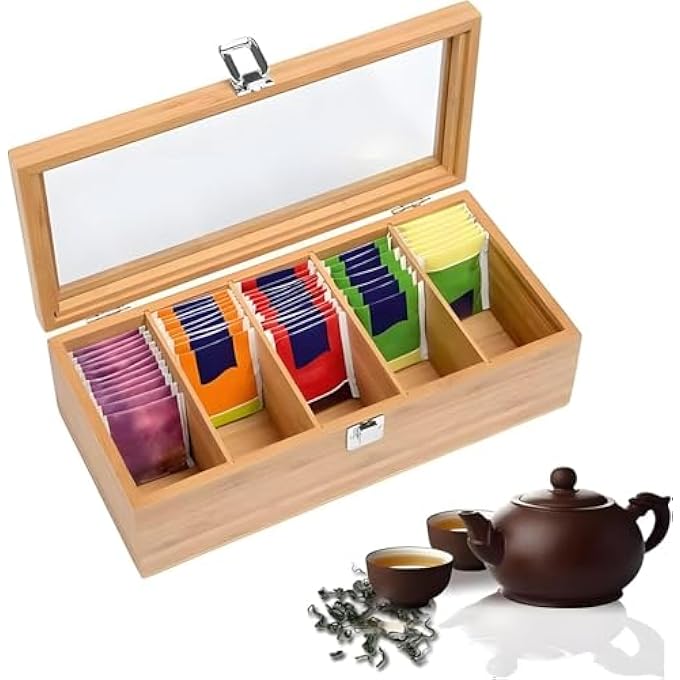 YelaJoy Tea Bag Organizer Storage Box Tea Storage Chest Case Tea Bag Sorter Jewelry Organizer Storage Box With Transparent Hinged Lid For Any Home Restaurant Office 5 Compartments30X20X9Cm - Image 1