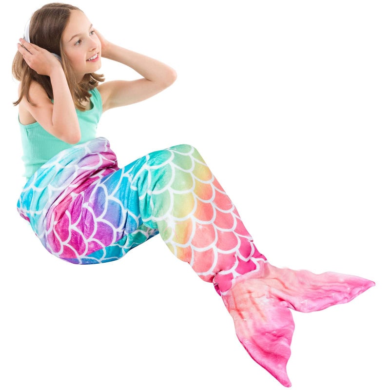 WERNNSAI Mermaid Tail Blanket  Plush Mermaid Wearable Blanket for Girls Teens All Seasons Soft Flannel Snuggle Blanket little Mermaid Scale Sleeping Bag 55 x 24 Rainbow