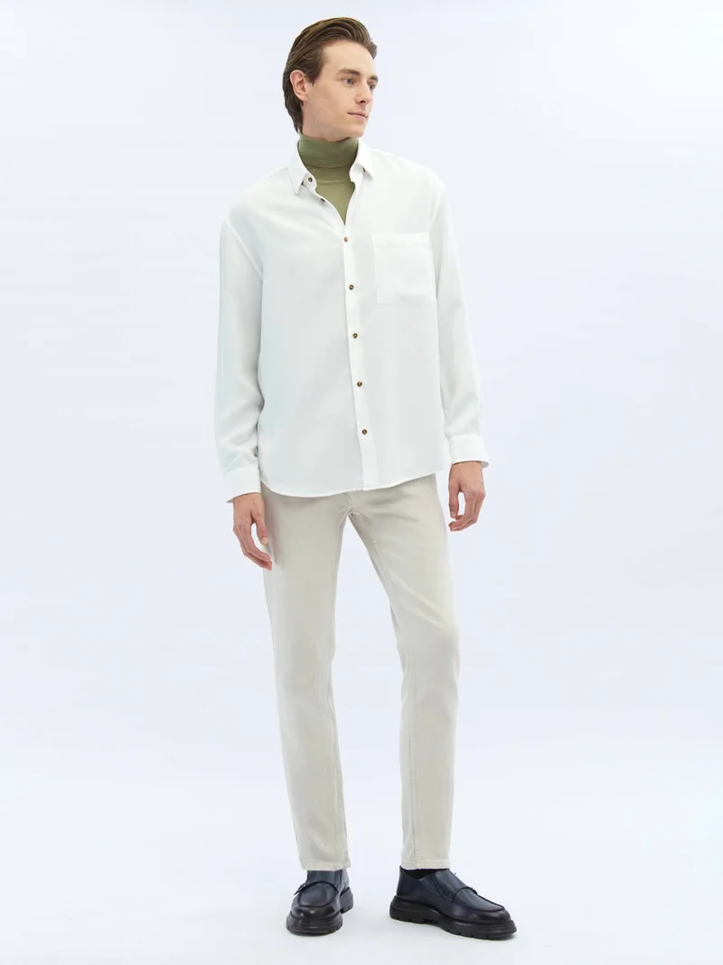 Kip White Ribbed Oversize Fit Woven Casual Shirt
