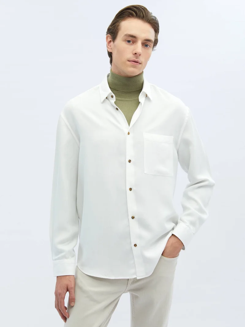 Kip White Ribbed Oversize Fit Woven Casual Shirt