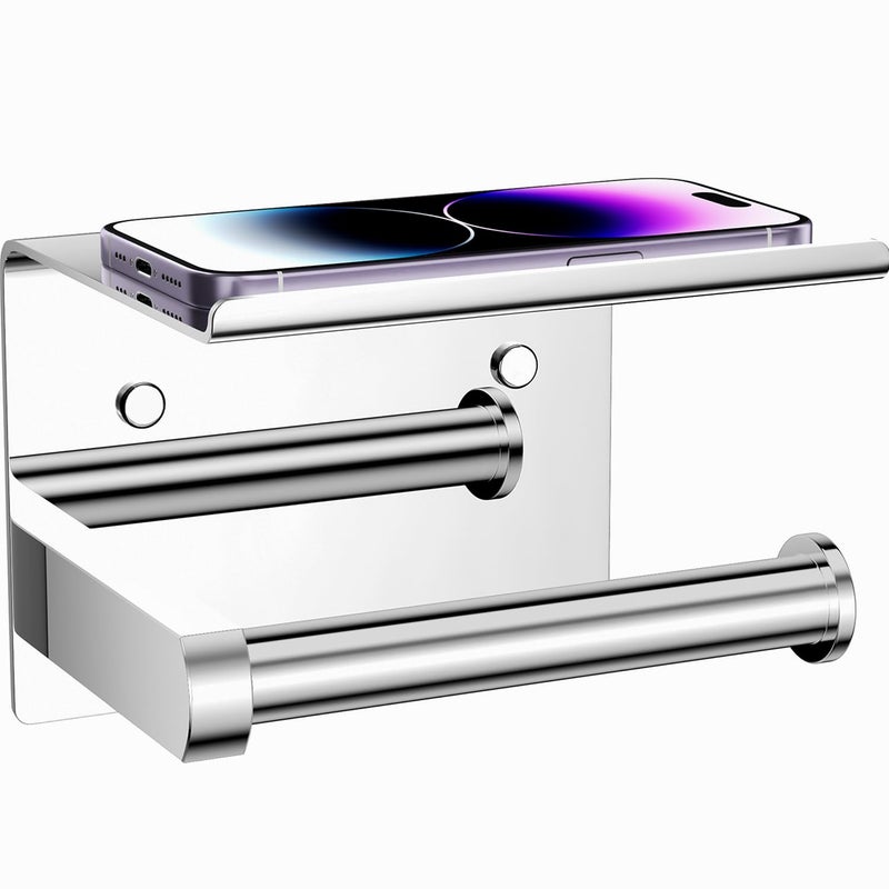 Tindbea Toilet Paper Holder with Phone Shelf Adhesive or Screw Wall Mount Toilet Tissue Roll Holder Rustproof Multifunctional Stainless Steel Bathroom Storage Dispenser Polished Chrome