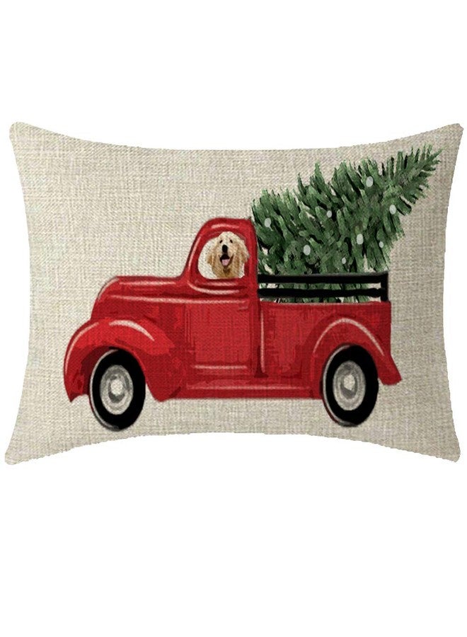 Andreannie Gift Merry Christmas Red Pickup Truck with Christmas Tree and Dog Cotton Linen Decorative Lumbar Throw Pillow Case Cushion Cover (Beige/Red) - Image 1