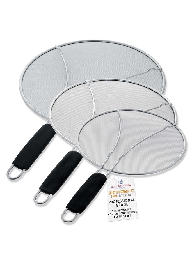 U.S. Kitchen Supply U.S. Kitchen Supply 3-Piece Stainless Steel Splatter Guard Set (13", 11.5", 9.5") Fine Mesh Cover, Grease & Oil, Splatter Screen for Frying Pan, Cooking Pots, with Resting Feet & Comfort Grip Handles  - Image 1