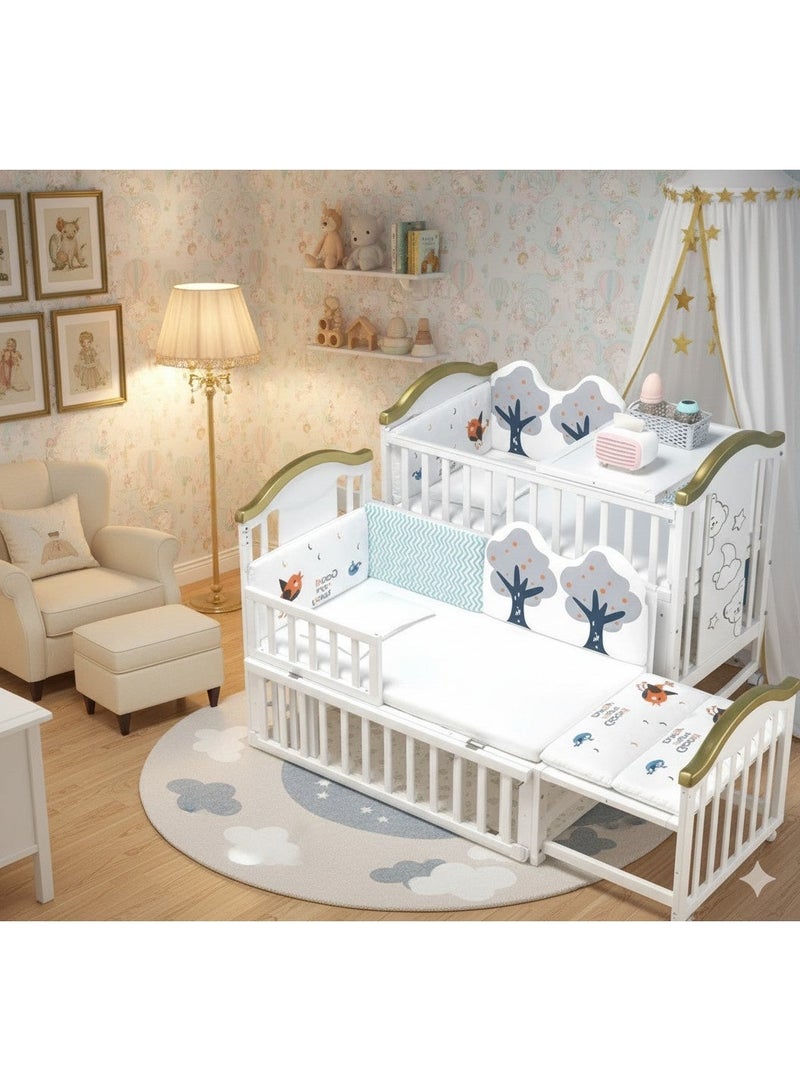 Zrafh Multifunctional Baby Bed with Mosquito Net Made of 100% New Zealand Pine Wood,Spacious Storage Space for Baby's Essentials, 360 Degree Swivel Wheels with Safety Brakes - 120*67*99 cm - WBB598G - Image 1