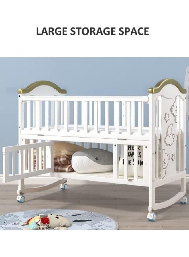 Zrafh Multifunctional Baby Bed with Mosquito Net Made of 100% New Zealand Pine Wood,Spacious Storage Space for Baby's Essentials, 360 Degree Swivel Wheels with Safety Brakes - 120*67*99 cm - WBB598G - Image 4