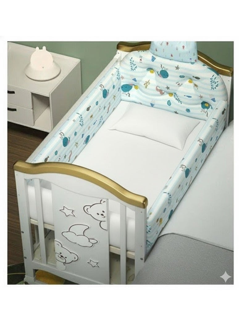 Zrafh Multifunctional Baby Bed with Mosquito Net Made of 100% New Zealand Pine Wood,Spacious Storage Space for Baby's Essentials, 360 Degree Swivel Wheels with Safety Brakes - 120*67*99 cm - WBB598G - Image 5