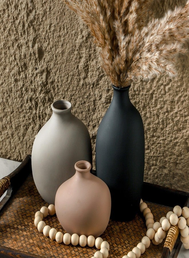 Enra Ceramic Vase Set of 3,Flower Vase Home Decor Modern Rustic Farmhouse Decor Pottery Vases for Pampas Grass Dried Fresh Flowers,Bedroom,Living Room,Bookshelf Decor, Centerpiece Table Boho Decor. - Image 3