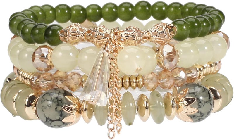HANNEA 4Pcs Bracelets for Women, Bohemian Crystal Stone Bracelet, Women's Beaded Stackable Elastic Bracelet, Colorful Charming Stone Jewelry (Apple Green)