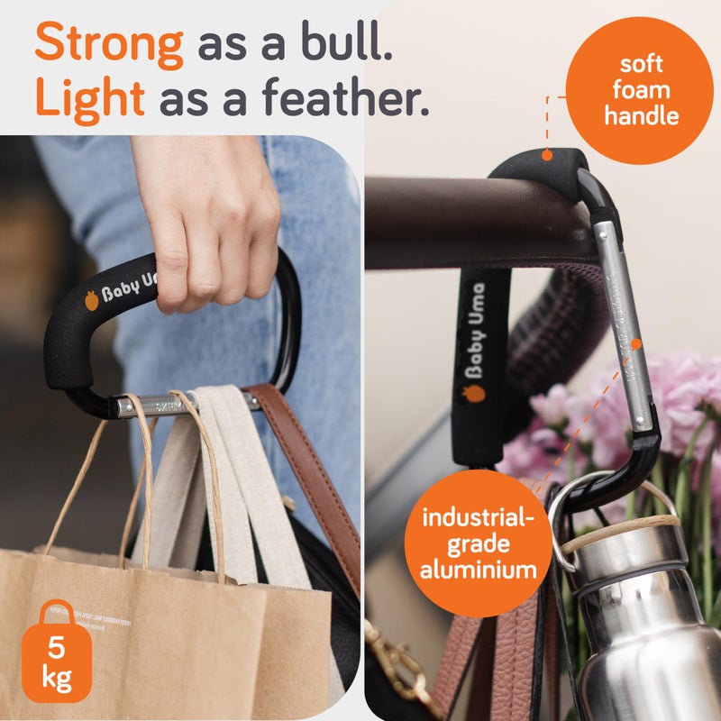 Baby Uma XL Stroller Hooks for Bags (2 Pack) - Universal Stroller Clips and Hooks with Foam Handle, 11 lb Weight Capacity per Carabiner, Adjustable & Non-Slip, Baby Travel Essential - Image 2