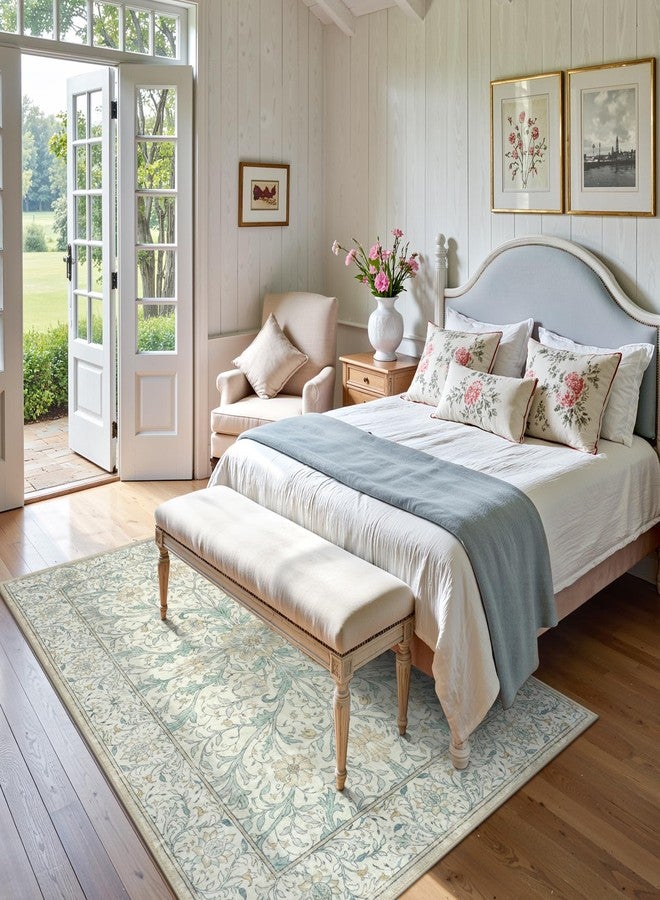 Collive 5x7 Area Rug, Washable Neutral Hand-Painted Floral Living Room Bedroom Rug, Vintage Distressed Non Slip Low Pile Throw Carpet, Soft Retro Rugs for Dining Room Office, Ivory/Light Turquoise - Image 2