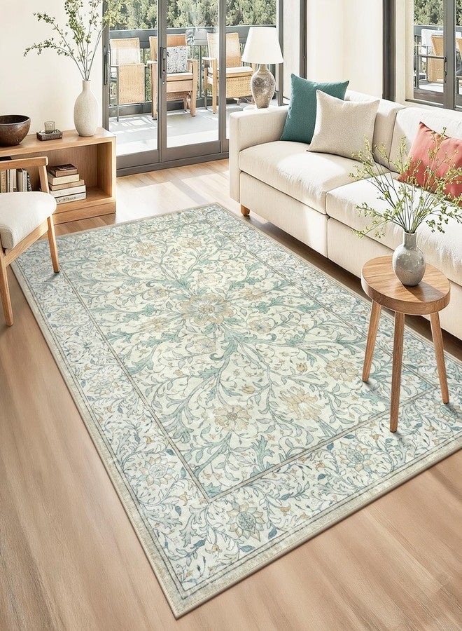 Collive 5x7 Area Rug, Washable Neutral Hand-Painted Floral Living Room Bedroom Rug, Vintage Distressed Non Slip Low Pile Throw Carpet, Soft Retro Rugs for Dining Room Office, Ivory/Light Turquoise - Image 1