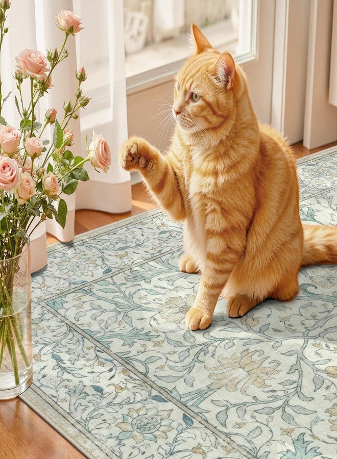 Collive 5x7 Area Rug, Washable Neutral Hand-Painted Floral Living Room Bedroom Rug, Vintage Distressed Non Slip Low Pile Throw Carpet, Soft Retro Rugs for Dining Room Office, Ivory/Light Turquoise - Image 5