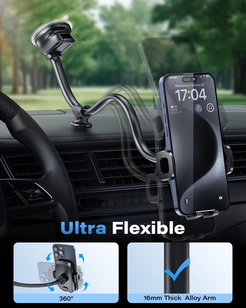 1Zero Solid Car Truck Phone Mount Holder with 14-Inch Gooseneck Long Arm, Windshield Window Mobile Holders w/Industrial-Strength Suction Cup, Anti-Shake Stabilizer Compatible All Cell Phones, Black - Image 4