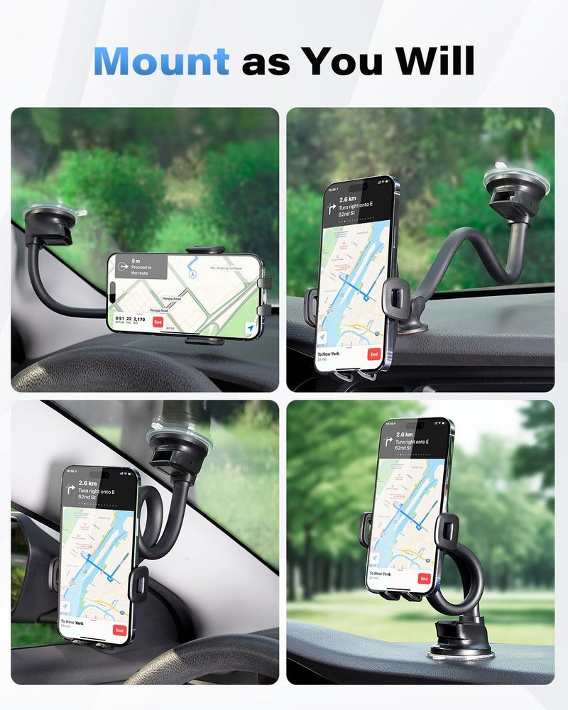 1Zero Solid Car Truck Phone Mount Holder with 14-Inch Gooseneck Long Arm, Windshield Window Mobile Holders w/Industrial-Strength Suction Cup, Anti-Shake Stabilizer Compatible All Cell Phones, Black - Image 5