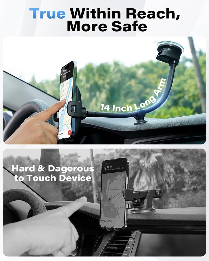 1Zero Solid Car Truck Phone Mount Holder with 14-Inch Gooseneck Long Arm, Windshield Window Mobile Holders w/Industrial-Strength Suction Cup, Anti-Shake Stabilizer Compatible All Cell Phones, Black - Image 2