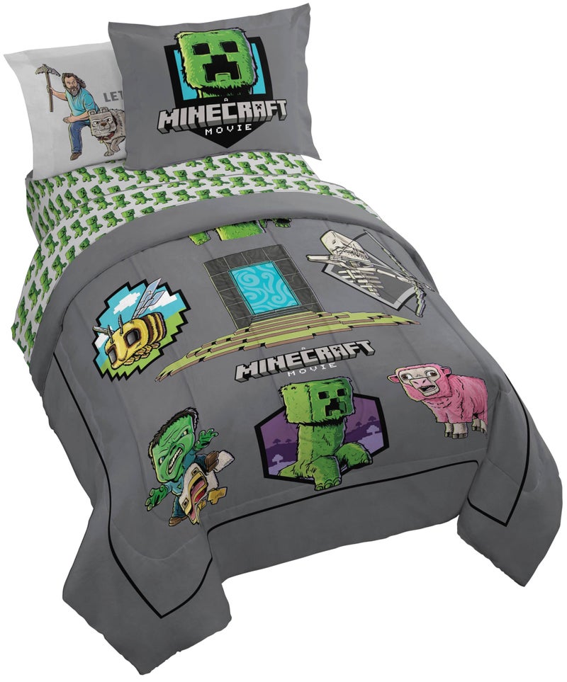 Jay Franco Kids Comforter Set Includes Sheets and Pillow Covers  Soft and Cozy Bed Set for Stylish Room Decor Grey  Minecraft Movie 5 Piece Twin Size Bedding