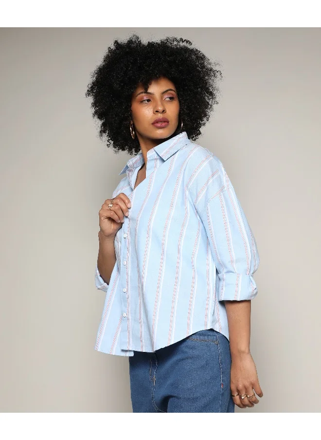 Campus Sutra Women's Baby Blue Contrast Striped Boxy Shirt