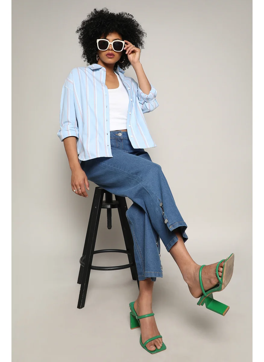 كامبوس سوترا Women's Baby Blue Contrast Striped Boxy Shirt
