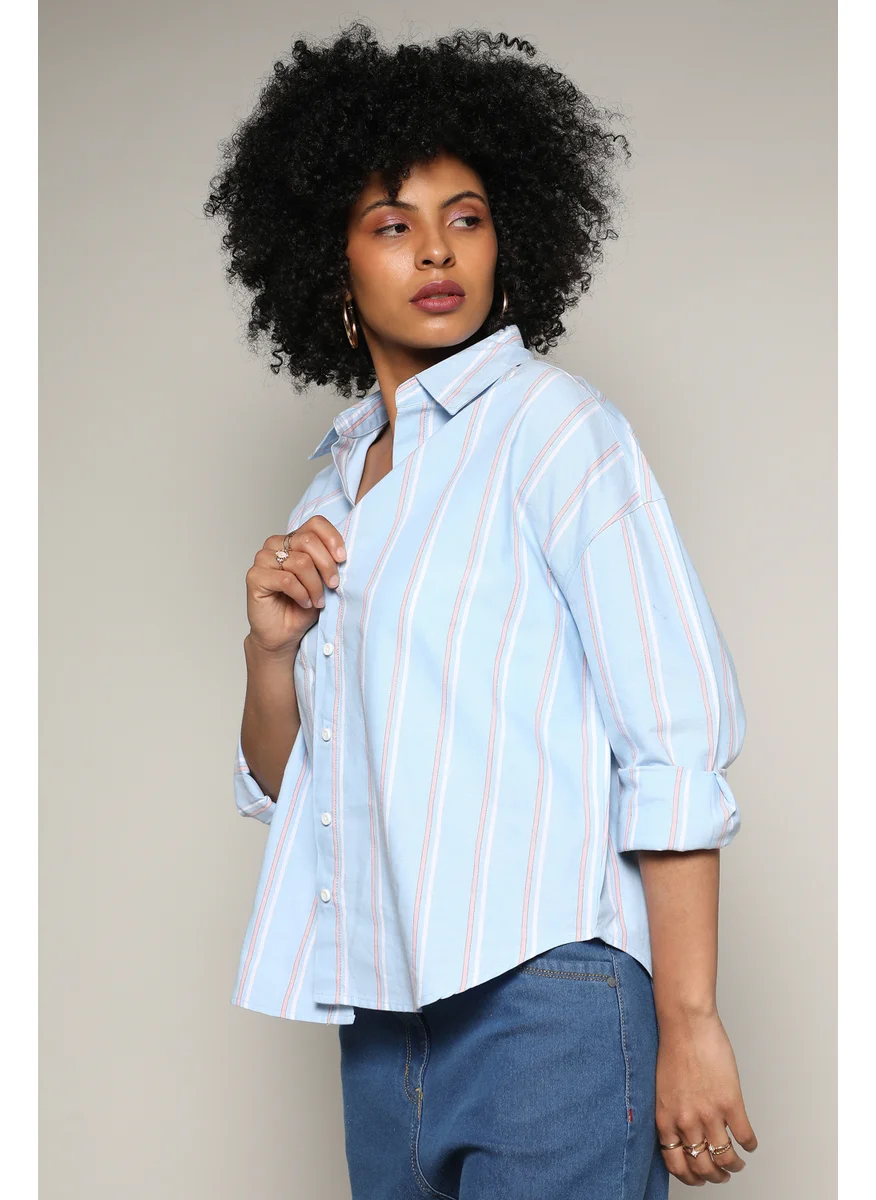 كامبوس سوترا Women's Baby Blue Contrast Striped Boxy Shirt