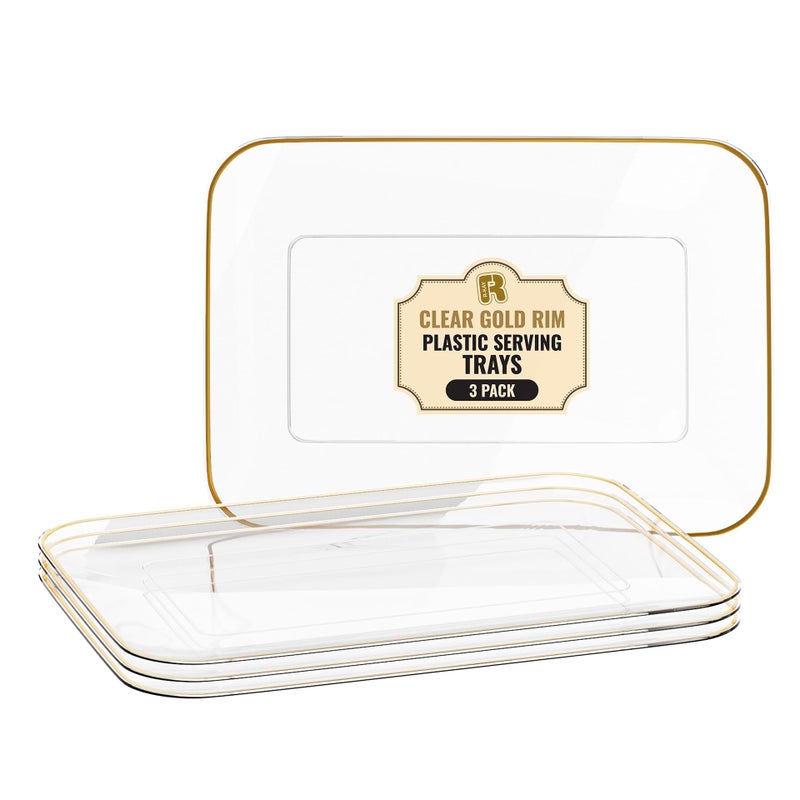 R-kay 3 Pack Plastic Serving Trays for Party - Gold Serving Tray 8 x 11 Inch - Heavy Duty Dessert Trays for Food - Rectangular Party Serving Trays for Entertaining - Clear Cookie Platters - Image 1