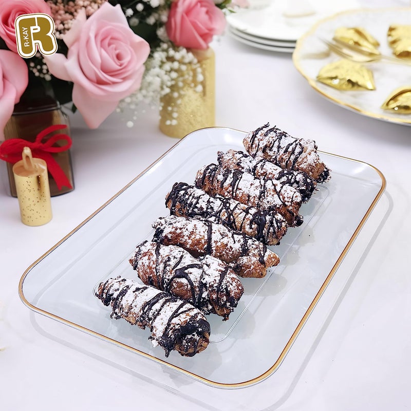 R-kay 3 Pack Plastic Serving Trays for Party - Gold Serving Tray 8 x 11 Inch - Heavy Duty Dessert Trays for Food - Rectangular Party Serving Trays for Entertaining - Clear Cookie Platters - Image 3