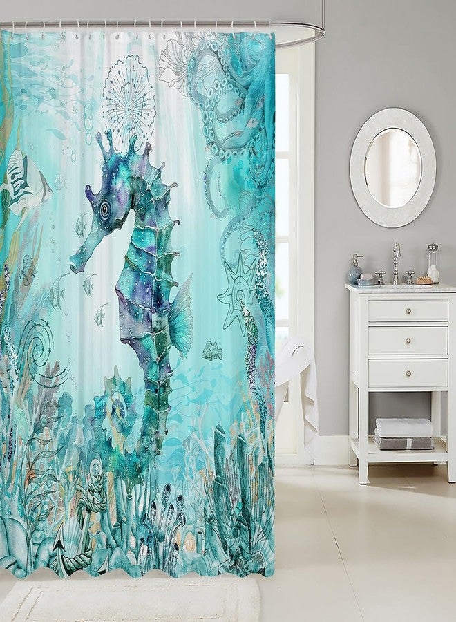 Feelyou Seahorse Bath Curtain Ocean Shower Curtain Sea Bathroom Shower Curtain Set for Kids Boys Girls Ocean Coastal Kids Bathroom Accessories 72"x72" - Image 2