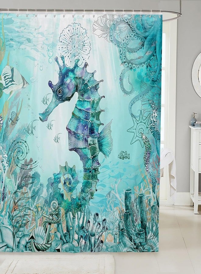Feelyou Seahorse Bath Curtain Ocean Shower Curtain Sea Bathroom Shower Curtain Set for Kids Boys Girls Ocean Coastal Kids Bathroom Accessories 72"x72" - Image 1