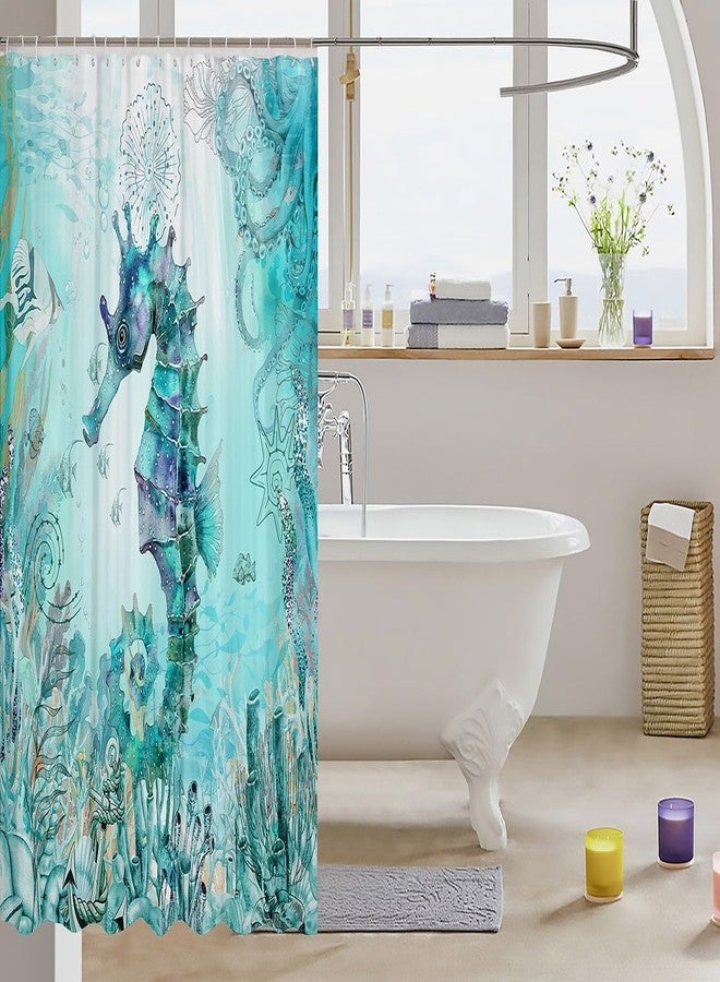 Feelyou Seahorse Bath Curtain Ocean Shower Curtain Sea Bathroom Shower Curtain Set for Kids Boys Girls Ocean Coastal Kids Bathroom Accessories 72"x72" - Image 3