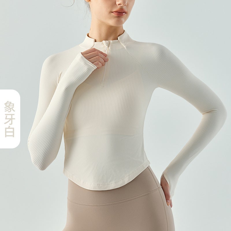 Generic Collar Zip Yoga Long Sleeve Casual Fitness Jacket for Women Ivory white 