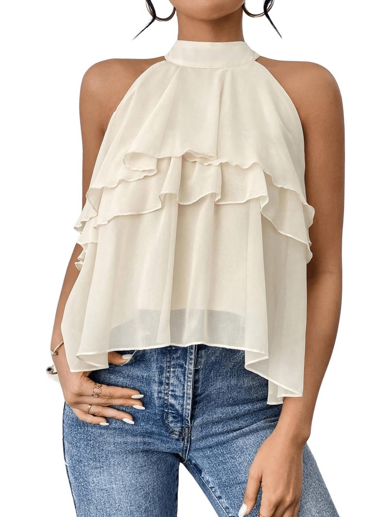 OYOANGLE Women's Layered Ruffle Hem Sleeveless Halter Chiffon Blouse Flowy Tank Tops Beige Large - Image 1